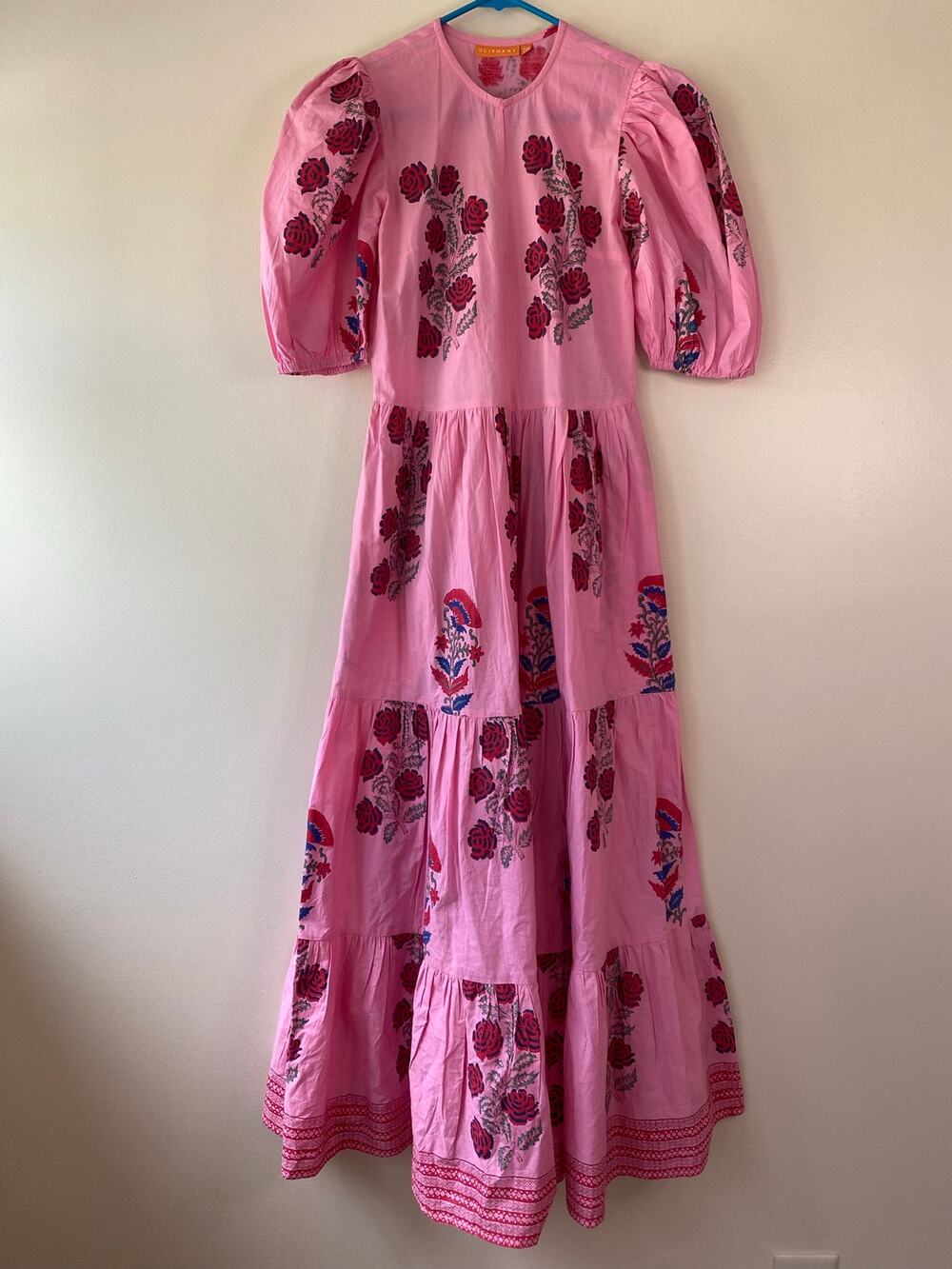 Oliphant Womens XXS Boca Pink Puff Sleeve Maxi Dress Tuckernuck Boho Block Print